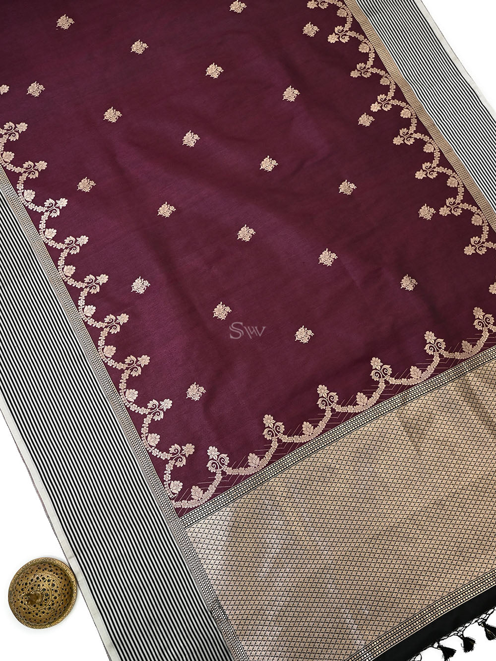 Dark Wine Booti Tussar Silk Handloom Banarasi Saree - Sacred Weaves