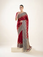 Maroon Booti Tussar Silk Handloom Banarasi Saree - Sacred Weaves