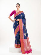 Navy Blue Booti Tussar Silk Handloom Banarasi Saree - Sacred Weaves