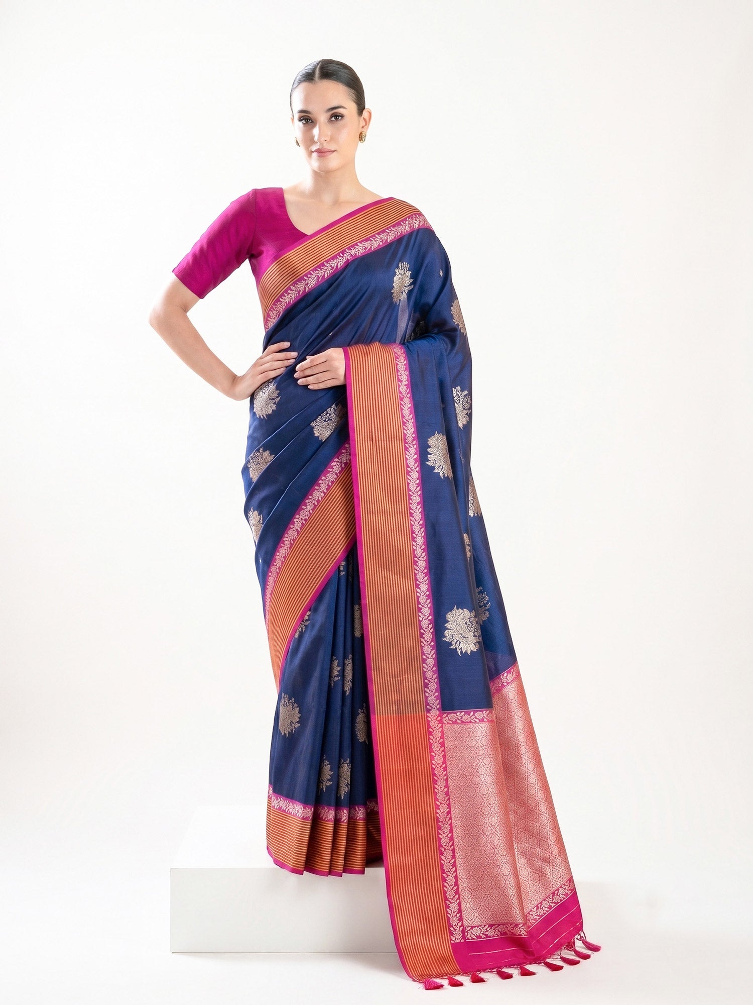 Navy Blue Booti Tussar Silk Handloom Banarasi Saree - Sacred Weaves