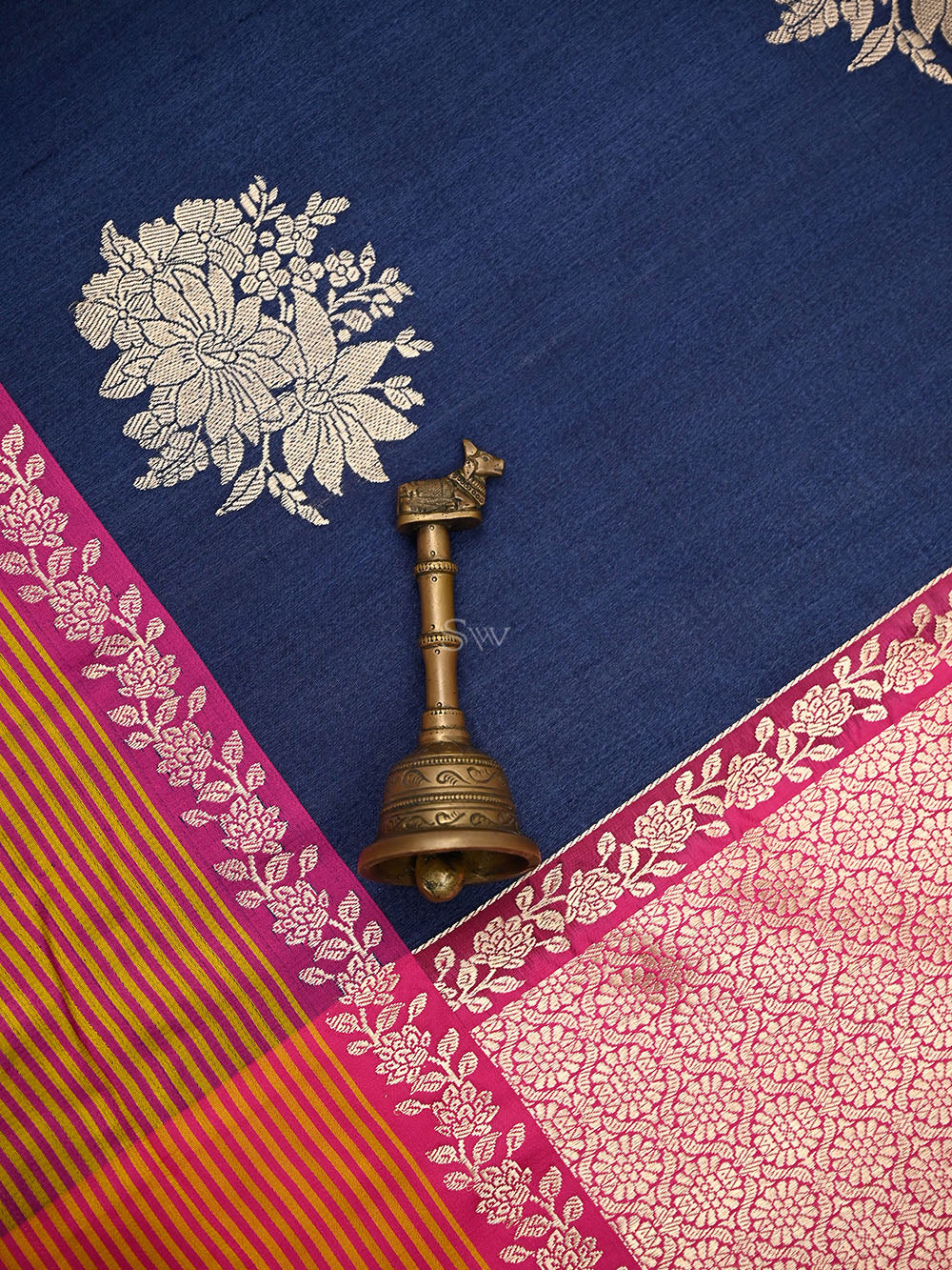 Navy Blue Booti Tussar Silk Handloom Banarasi Saree - Sacred Weaves