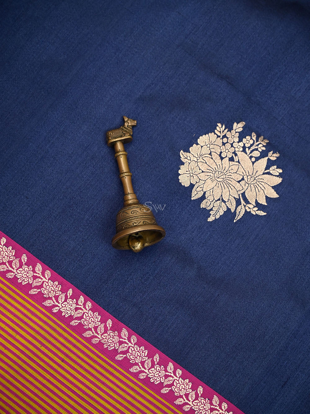 Navy Blue Booti Tussar Silk Handloom Banarasi Saree - Sacred Weaves