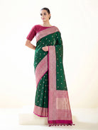 Bottle Green Booti Tussar Silk Handloom Banarasi Saree - Sacred Weaves