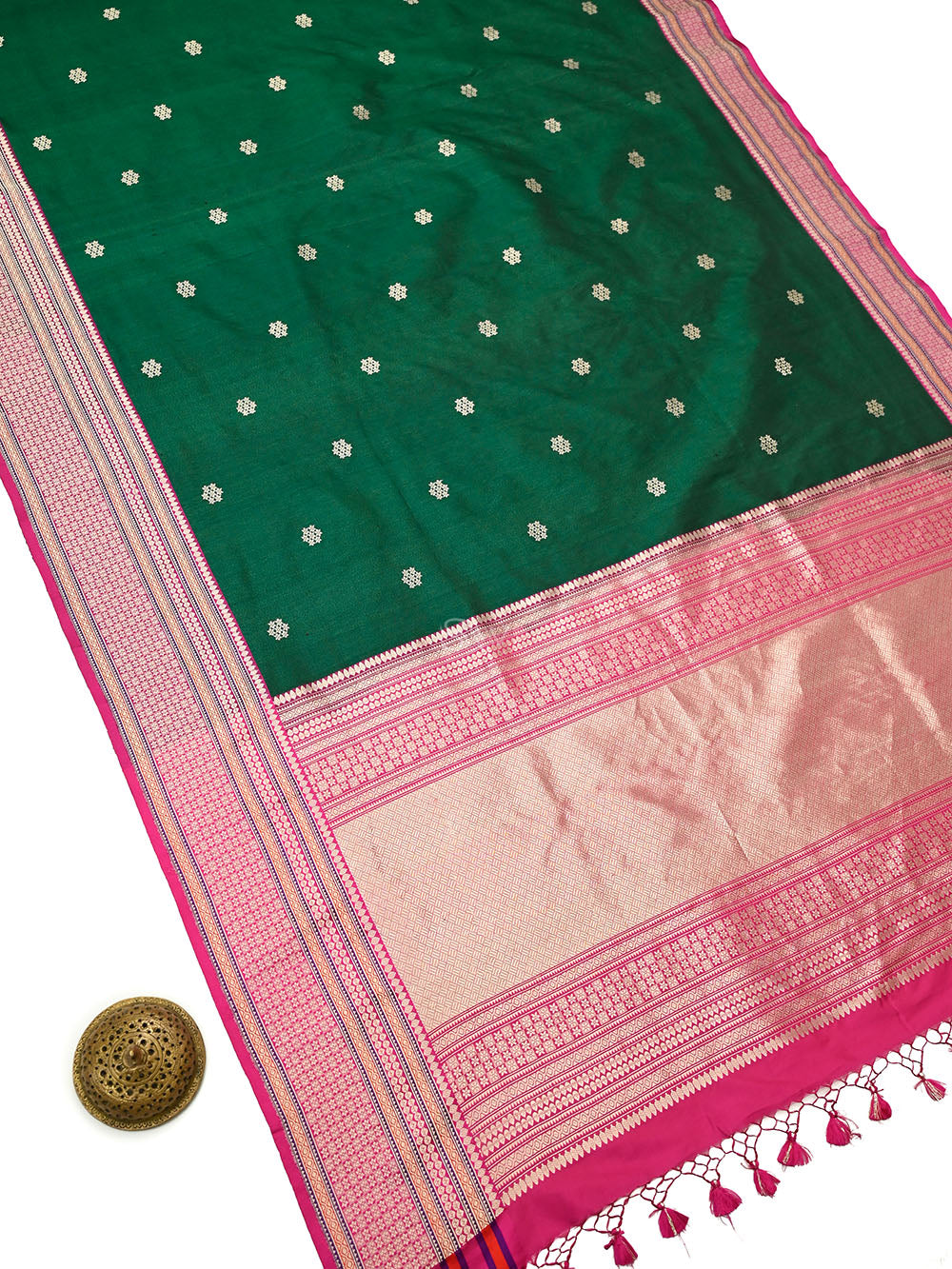 Bottle Green Booti Tussar Silk Handloom Banarasi Saree - Sacred Weaves
