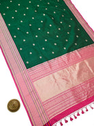 Bottle Green Booti Tussar Silk Handloom Banarasi Saree - Sacred Weaves