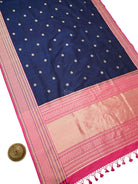Navy Blue Booti Tussar Silk Handloom Banarasi Saree - Sacred Weaves