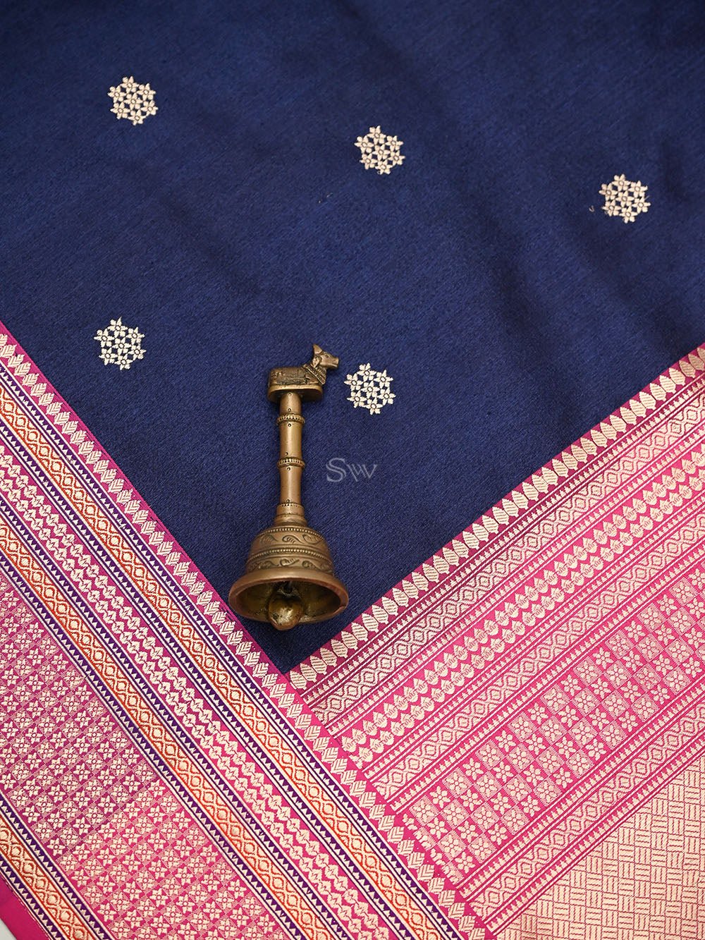 Navy Blue Booti Tussar Silk Handloom Banarasi Saree - Sacred Weaves