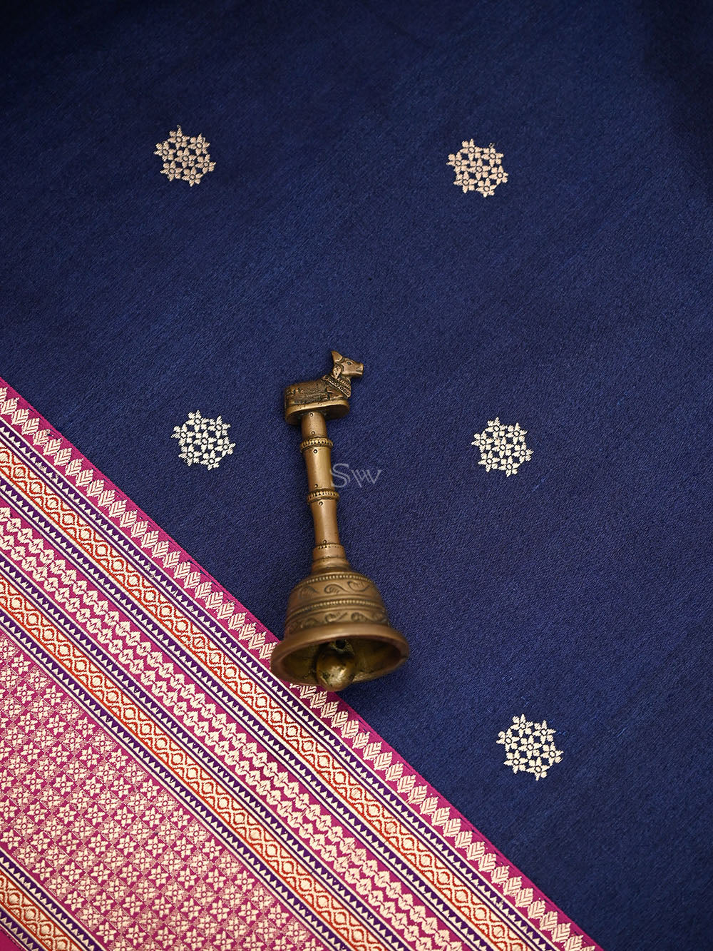 Navy Blue Booti Tussar Silk Handloom Banarasi Saree - Sacred Weaves