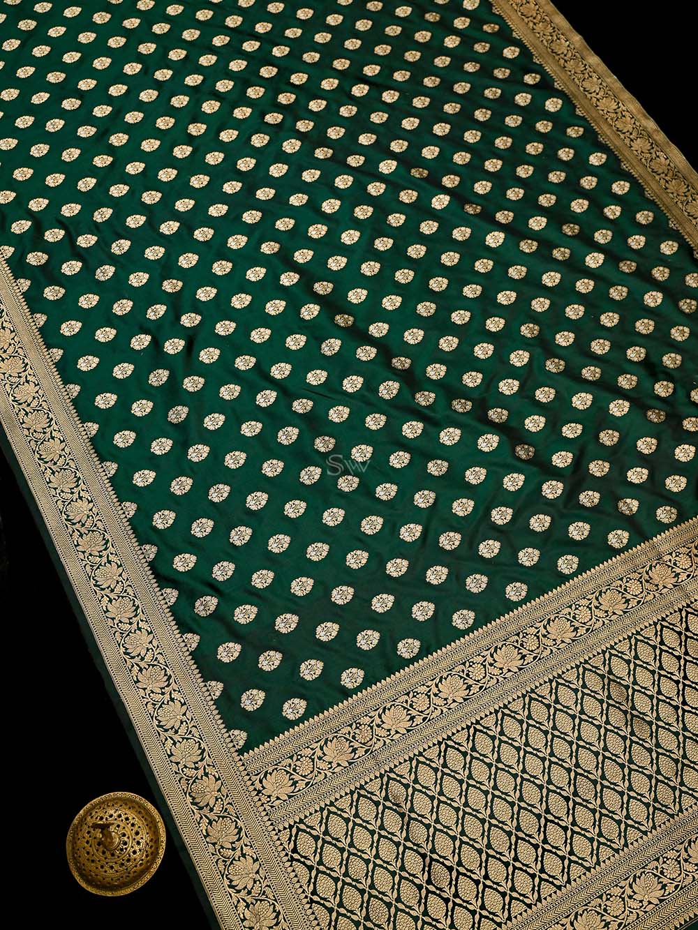 Bottle Green Booti Katan Silk Uppada Handloom Banarasi Saree - Sacred Weaves