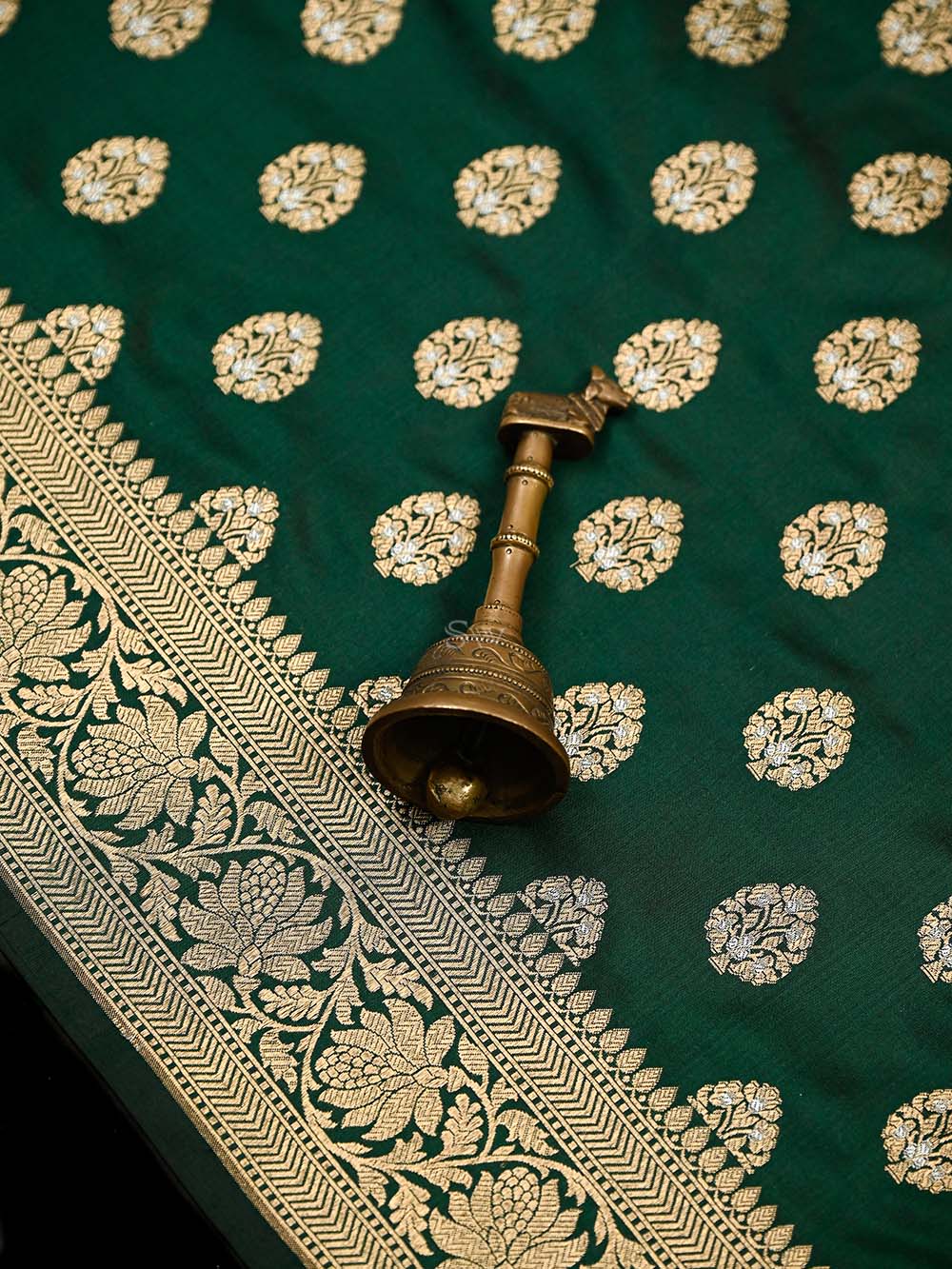 Bottle Green Booti Katan Silk Uppada Handloom Banarasi Saree - Sacred Weaves