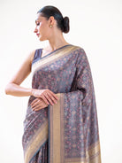 Blueish Grey Geometric Tanchoi Silk Handloom Banarasi Saree - Sacred Weaves