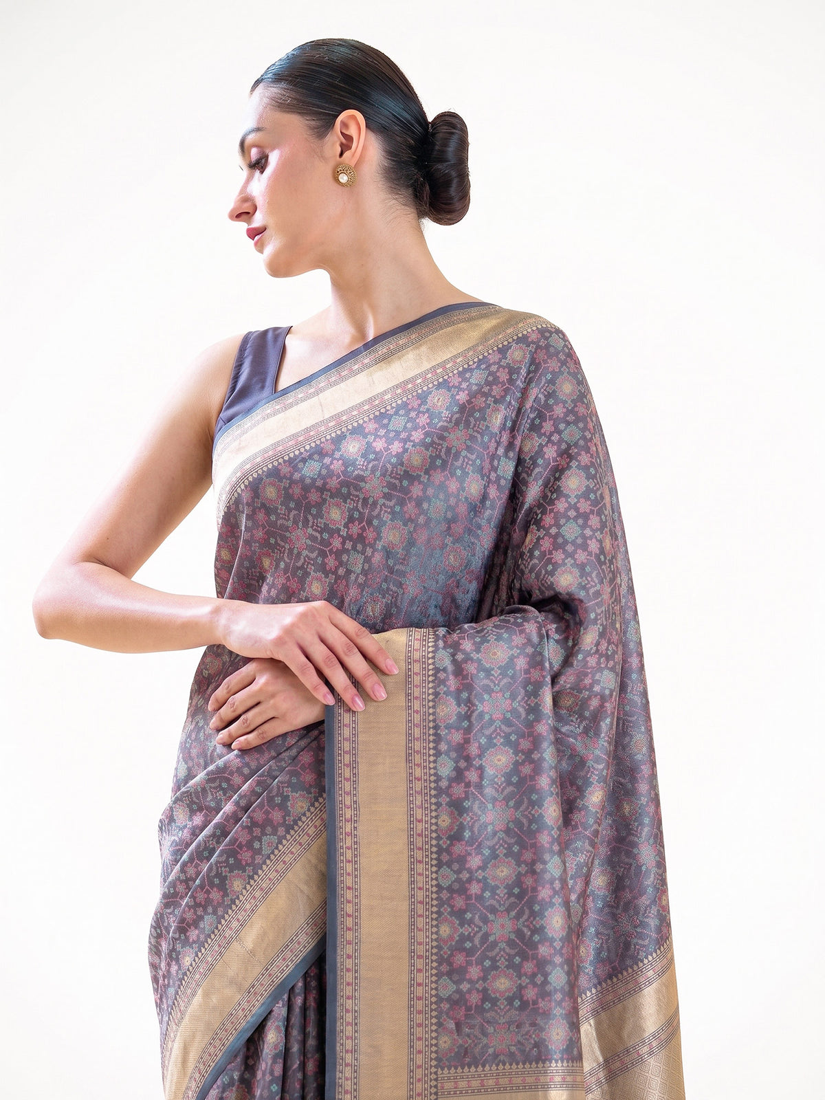 Blueish Grey Geometric Tanchoi Silk Handloom Banarasi Saree - Sacred Weaves