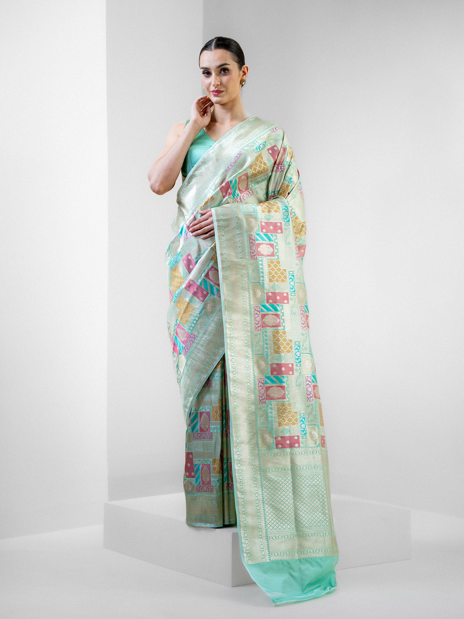 Mint Green Rangkat Katan Silk Handloom Banarasi Saree - Sacred Weaves
