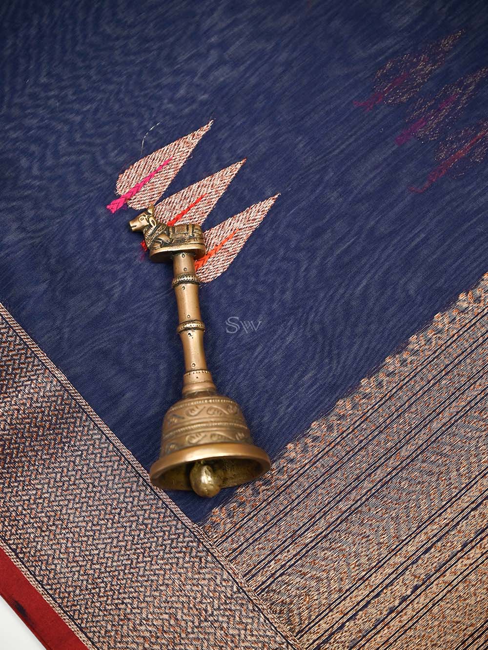 Navy Blue Booti Chanderi Silk Handloom Banarasi Saree - Sacred Weaves