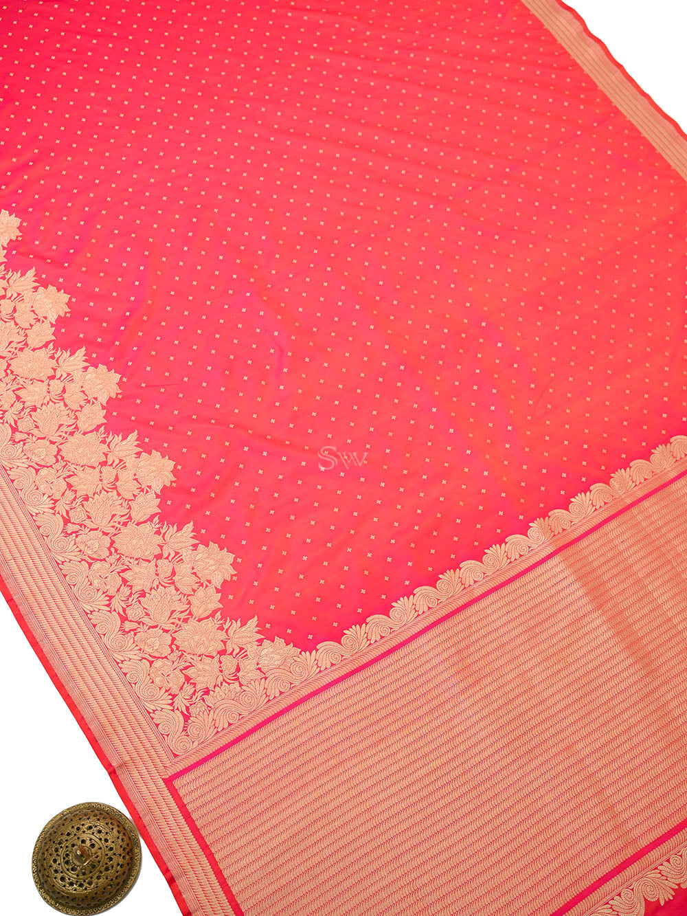 Pink Orange Booti Katan Silk Handloom Banarasi Saree - Sacred Weaves