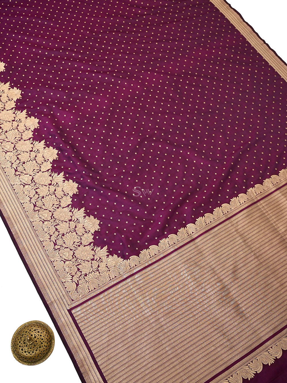 Dark Wine Booti Katan Silk Handloom Banarasi Saree - Sacred Weaves