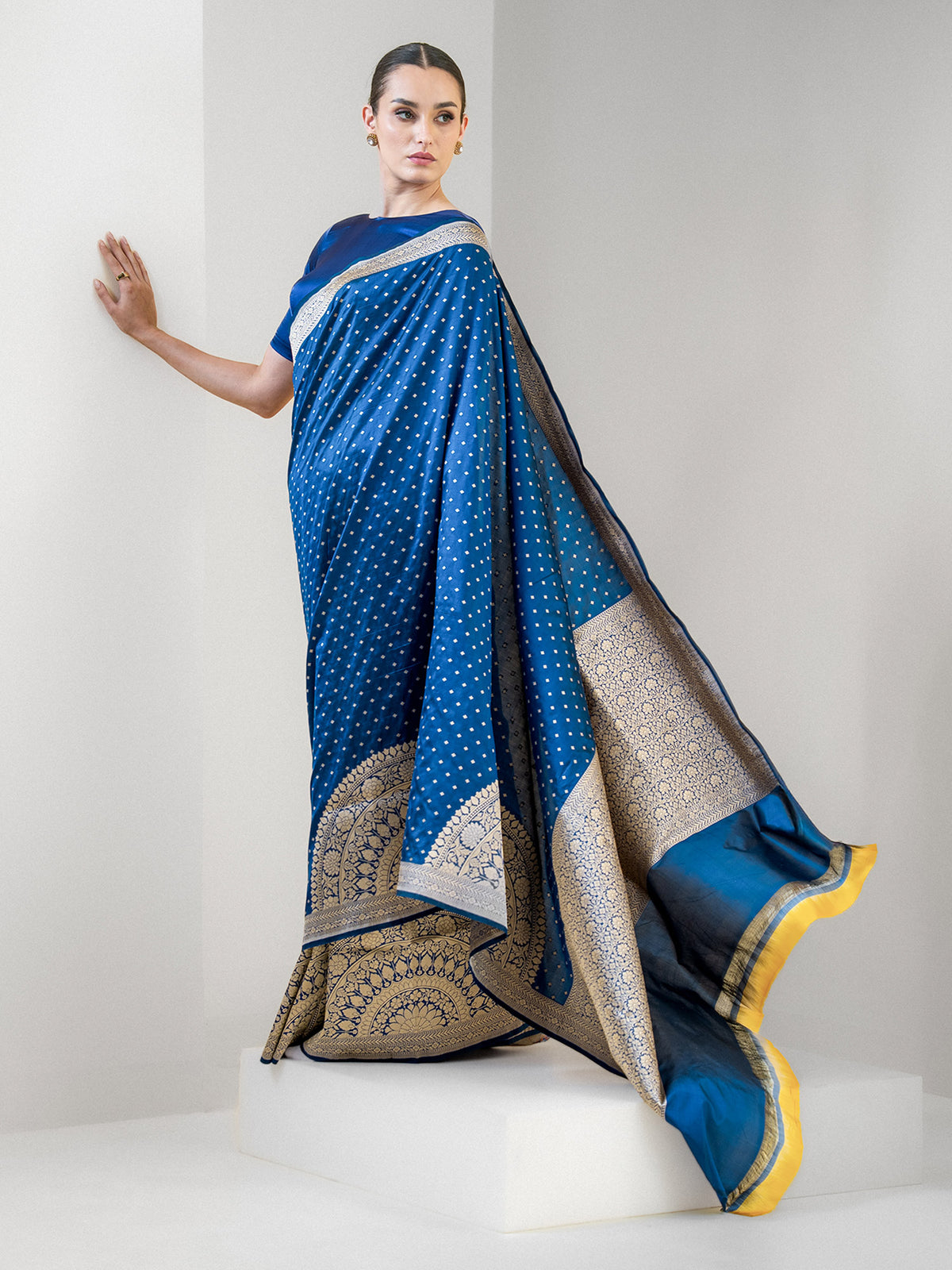 Blue Booti Katan Silk Handloom Banarasi Saree - Sacred Weaves