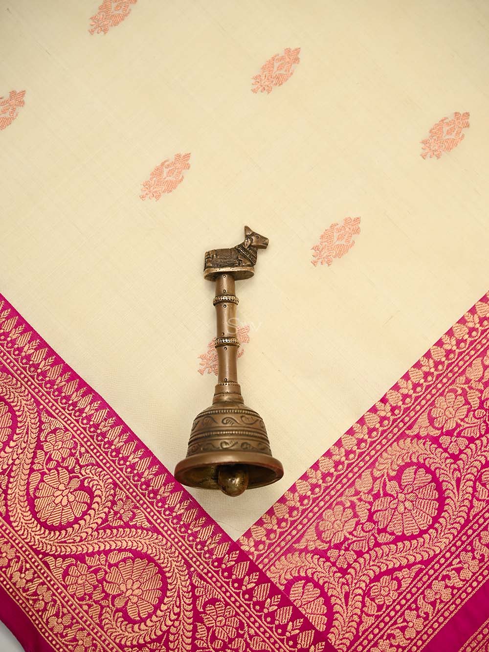 Beige Boota Katan Silk Handloom Banarasi Saree - Sacred Weaves