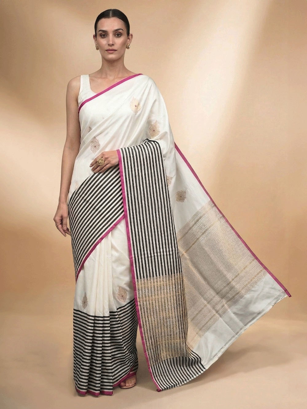 White Booti Satin Silk Handloom Banarasi Saree - Sacred Weaves