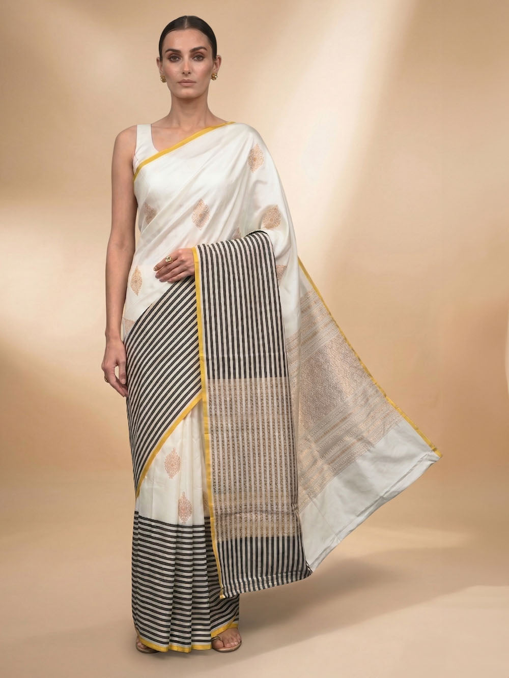 White Booti Satin Silk Handloom Banarasi Saree - Sacred Weaves