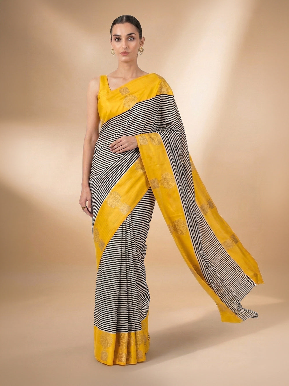 White Black Stripe Satin Silk Handloom Banarasi Saree - Sacred Weaves