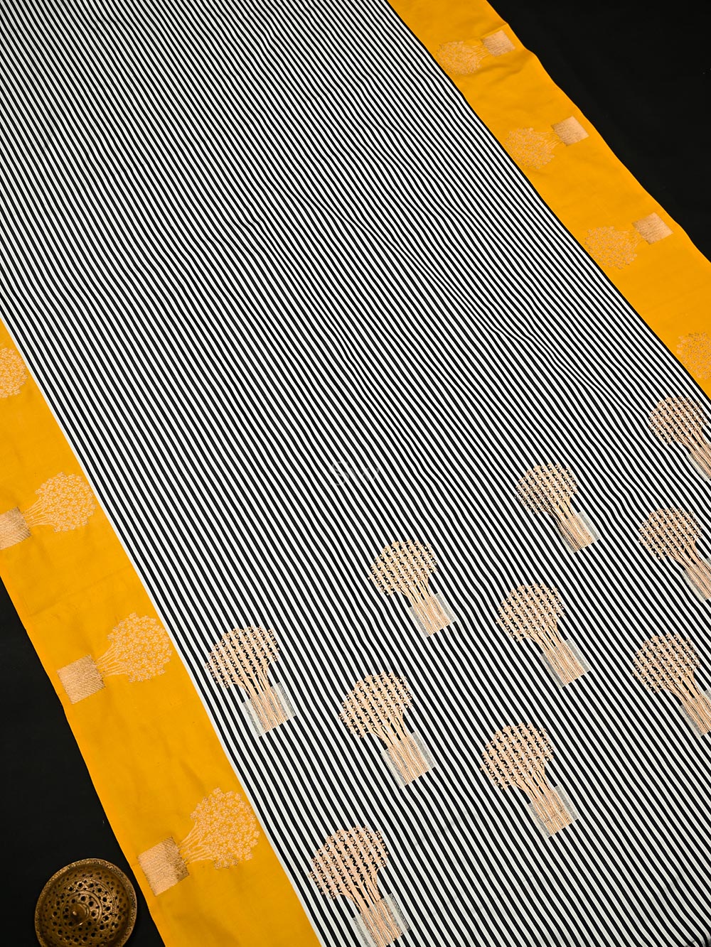 White Black Stripe Satin Silk Handloom Banarasi Saree - Sacred Weaves