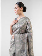 Grey Floral Tanchoi Silk Handloom Banarasi Saree - Sacred Weaves