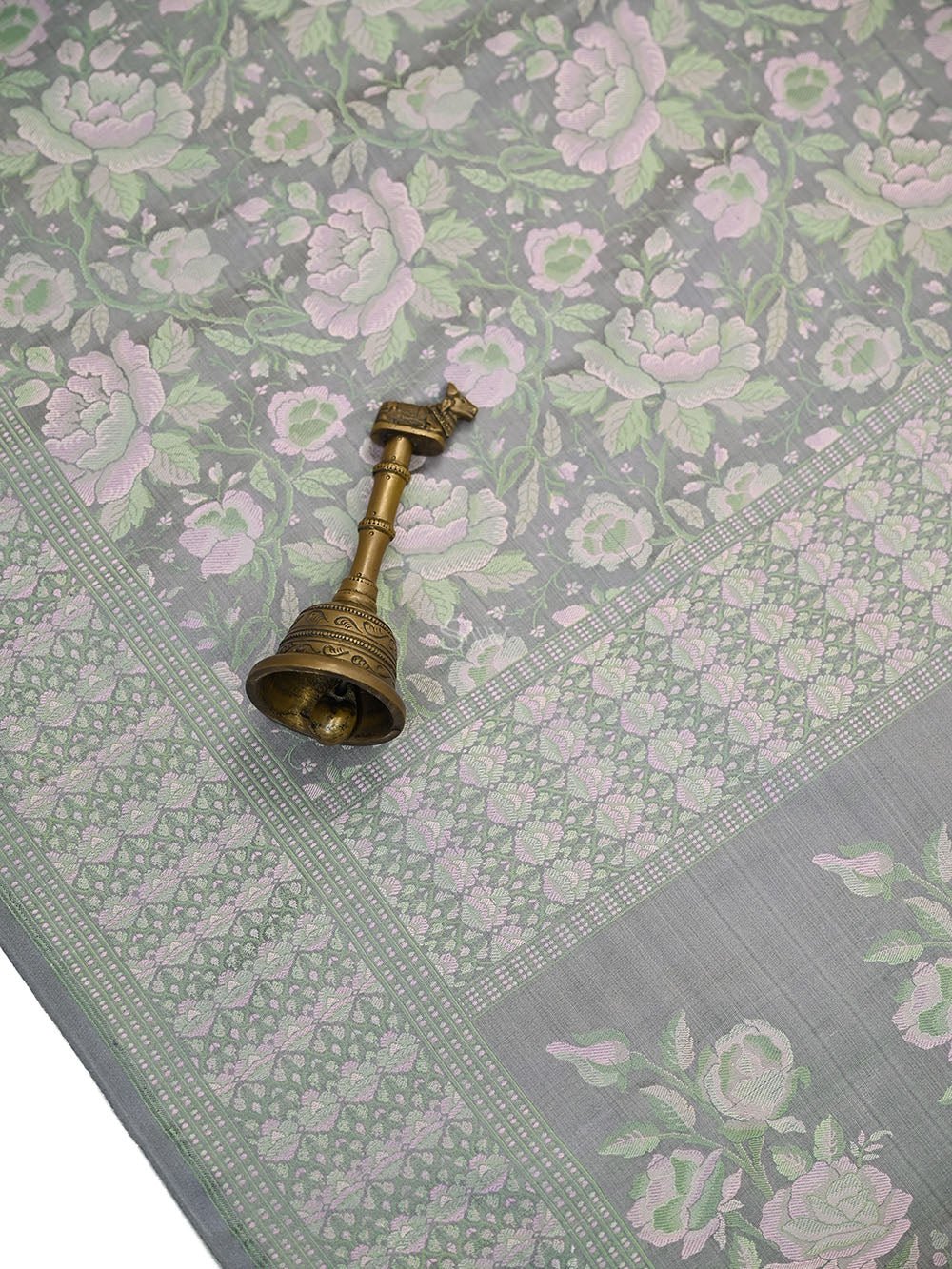 Grey Floral Tanchoi Silk Handloom Banarasi Saree - Sacred Weaves