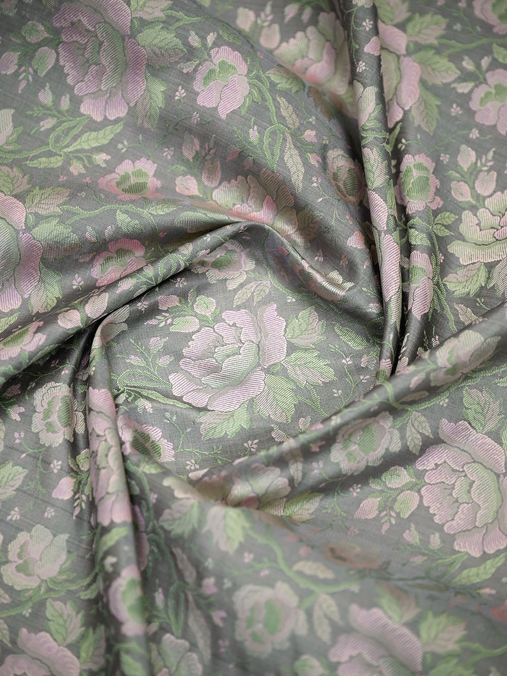 Grey Floral Tanchoi Silk Handloom Banarasi Saree - Sacred Weaves