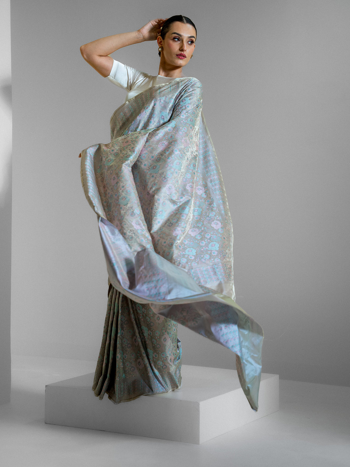 Beige Grey Tanchoi Silk Handloom Banarasi Saree - Sacred Weaves