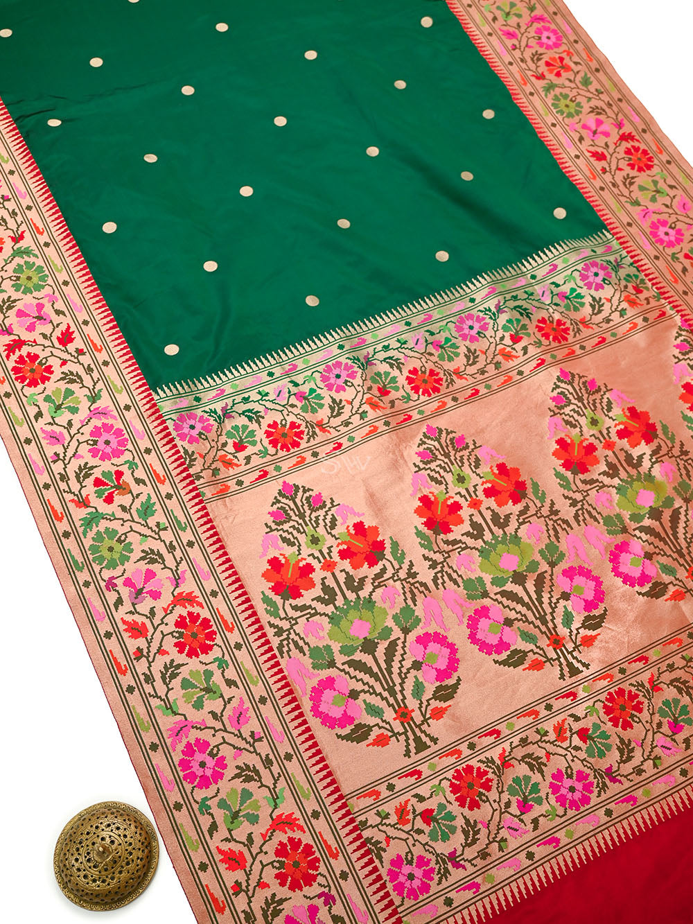 Bottle Green Booti Paithani Katan Silk Handloom Banarasi Saree - Sacred Weaves