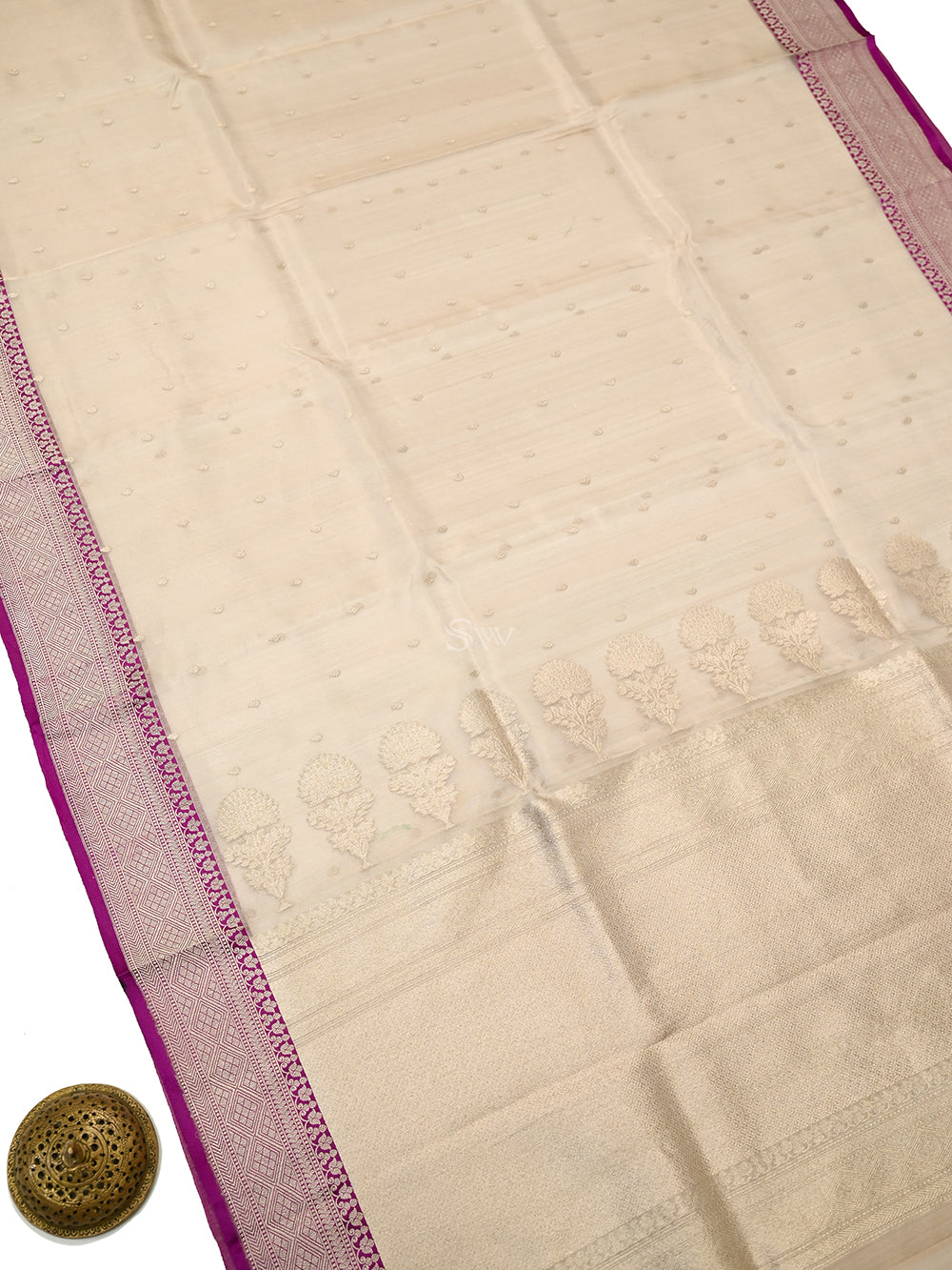 Beige Booti Organza Tissue Silk Handloom Banarasi Saree - Sacred Weaves