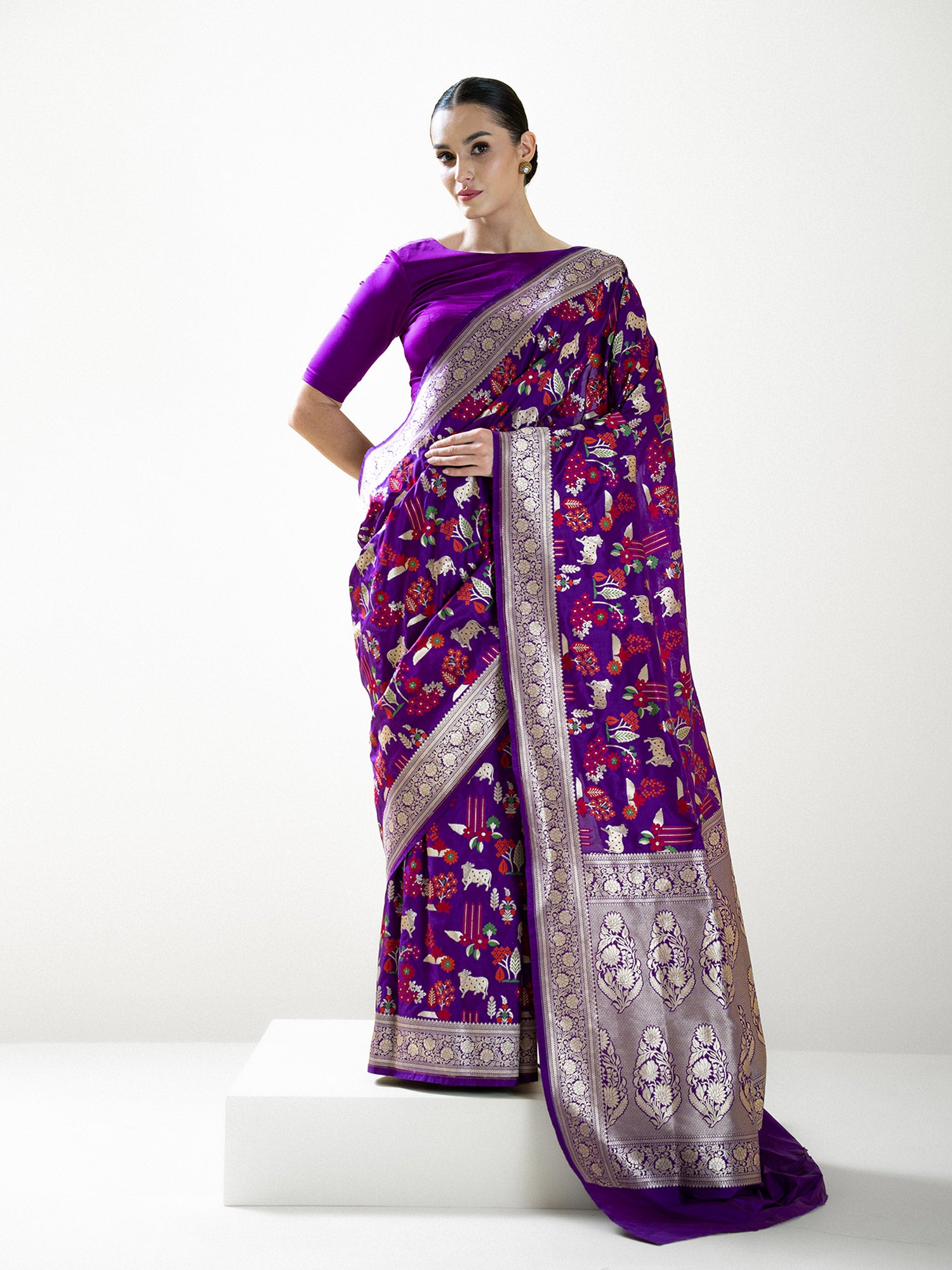 Purple Shikargah Meenakari Katan Silk Handloom Banarasi Saree - Sacred Weaves