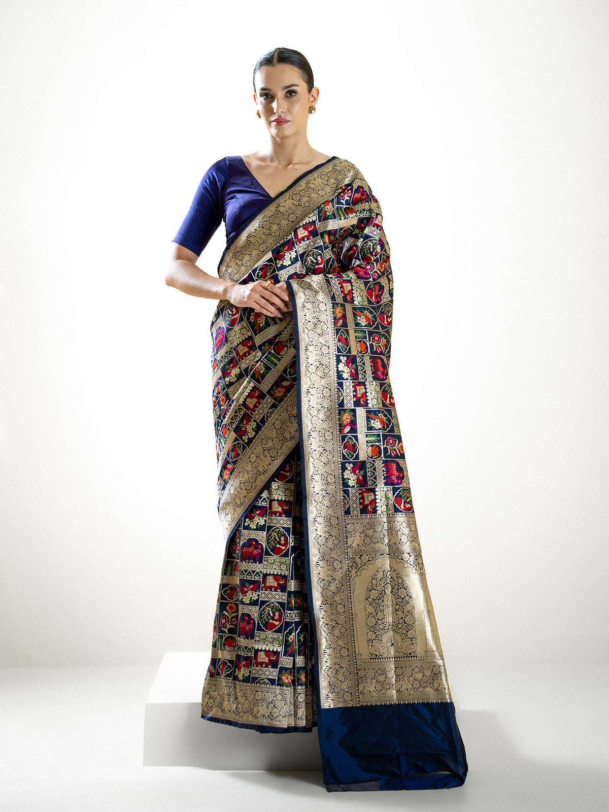 Navy Blue Meenakari Katan Silk Handloom Banarasi Saree - Sacred Weaves
