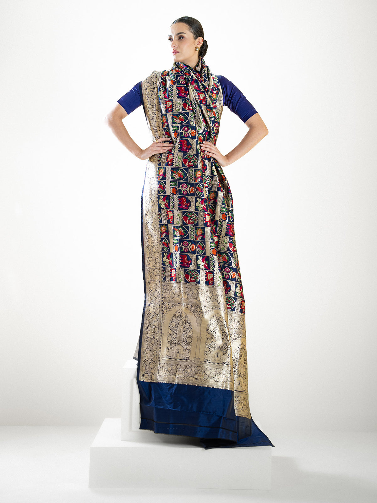 Navy Blue Meenakari Katan Silk Handloom Banarasi Saree - Sacred Weaves