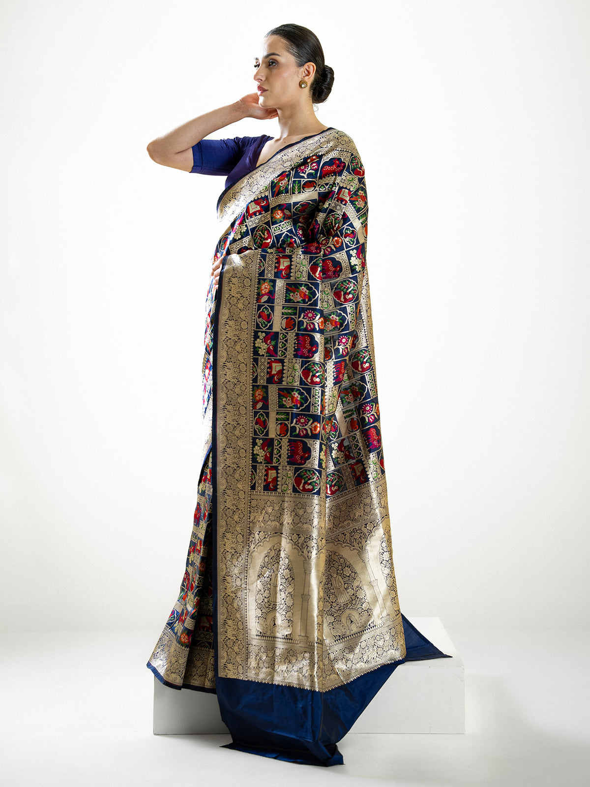 Navy Blue Meenakari Katan Silk Handloom Banarasi Saree - Sacred Weaves