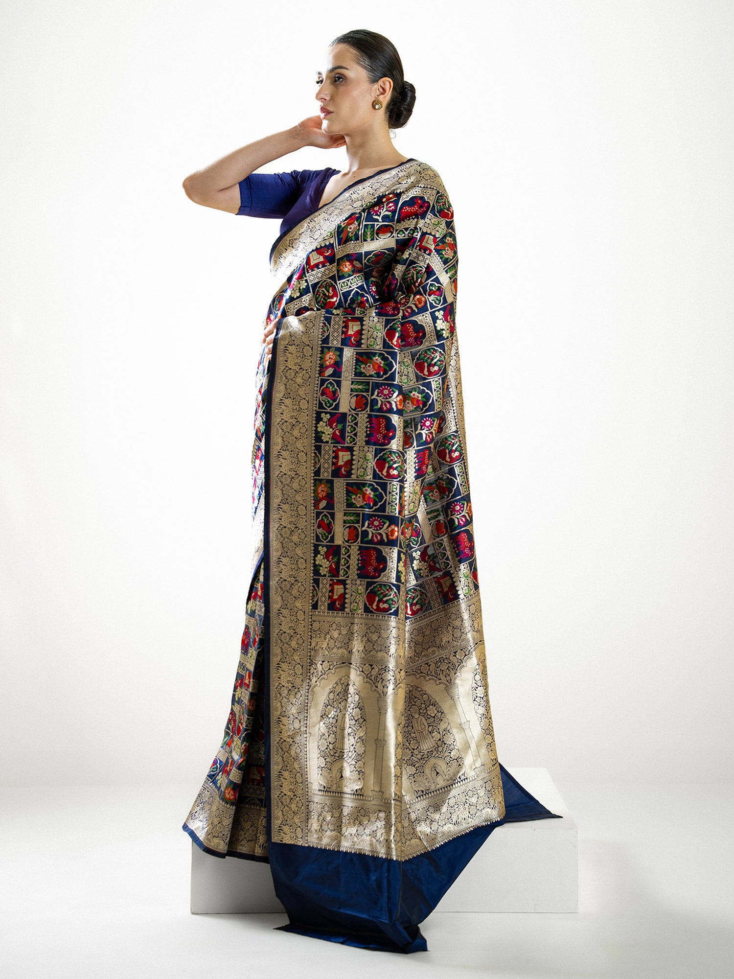 Navy Blue Meenakari Katan Silk Handloom Banarasi Saree - Sacred Weaves