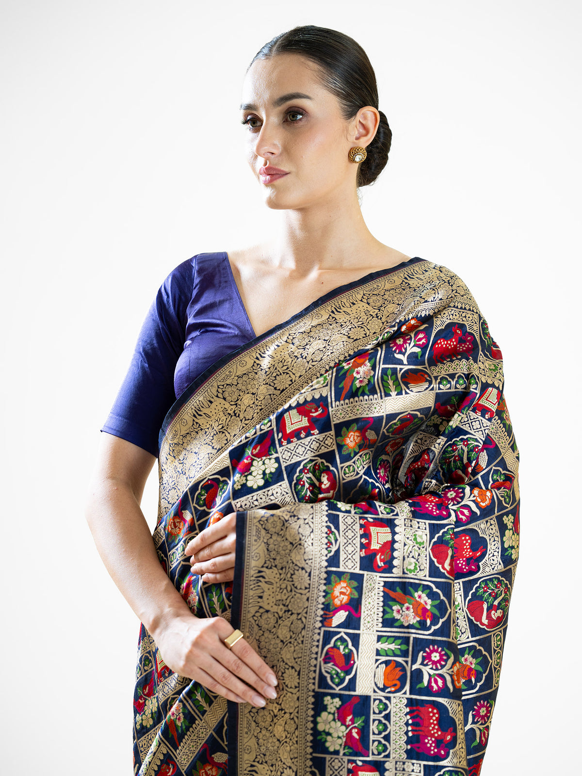 Navy Blue Meenakari Katan Silk Handloom Banarasi Saree - Sacred Weaves