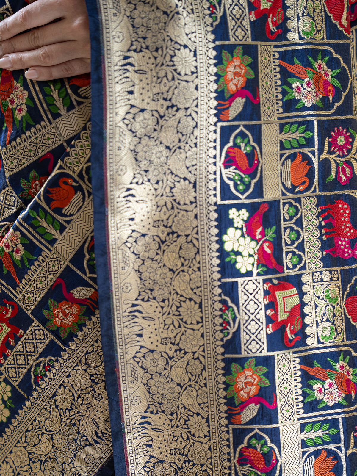Navy Blue Meenakari Katan Silk Handloom Banarasi Saree - Sacred Weaves
