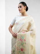 Cream Jaal Organza Handloom Banarasi Saree - Sacred Weaves