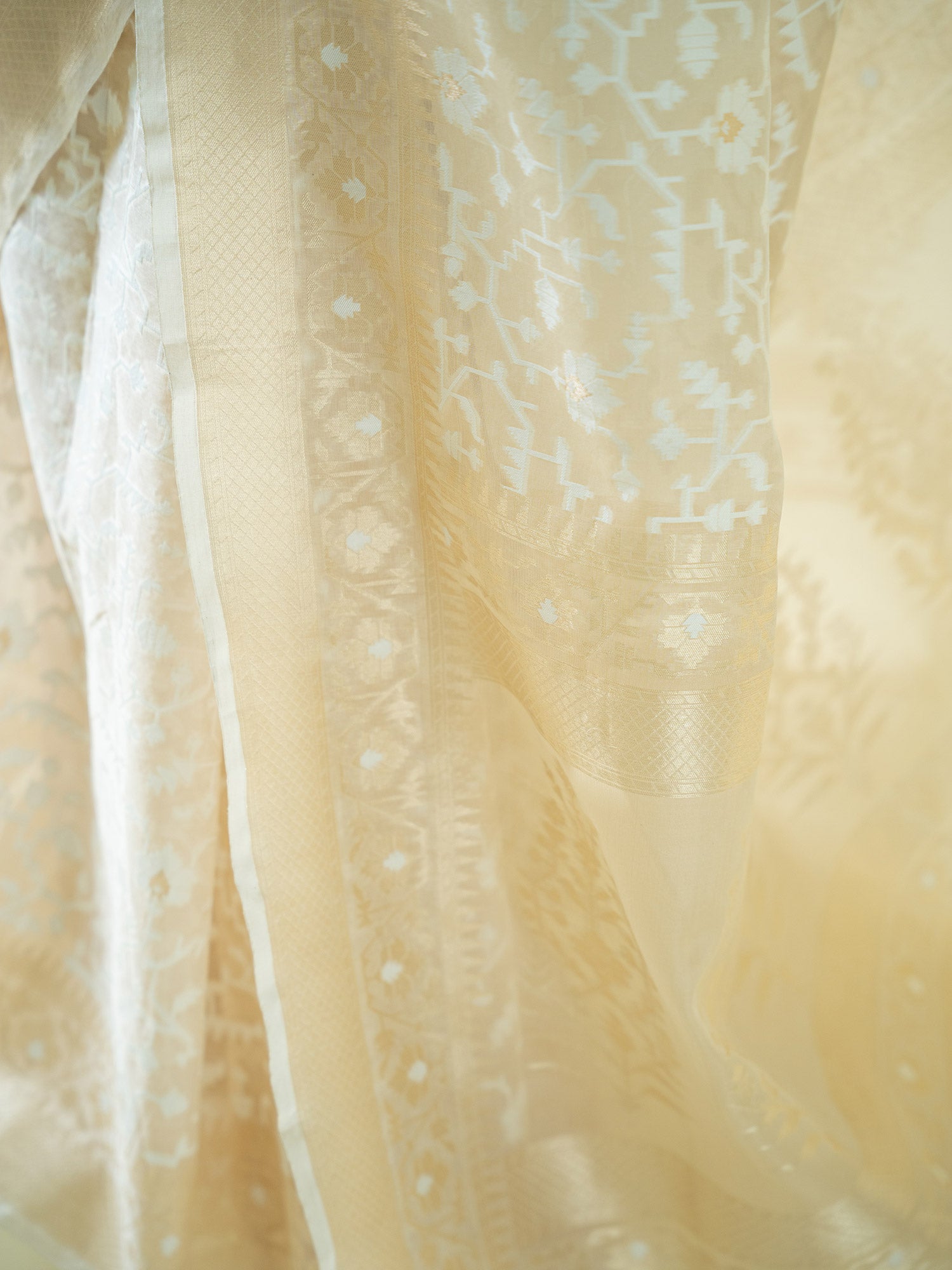 Cream Jaal Organza Handloom Banarasi Saree - Sacred Weaves