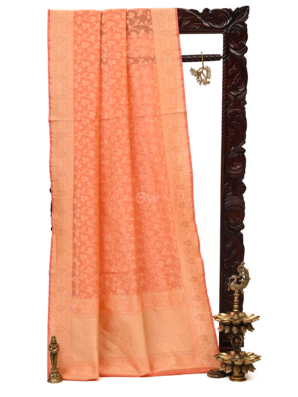 Pastel Orange Jaal Cotton Silk Handloom Banarasi Saree - Sacred Weaves