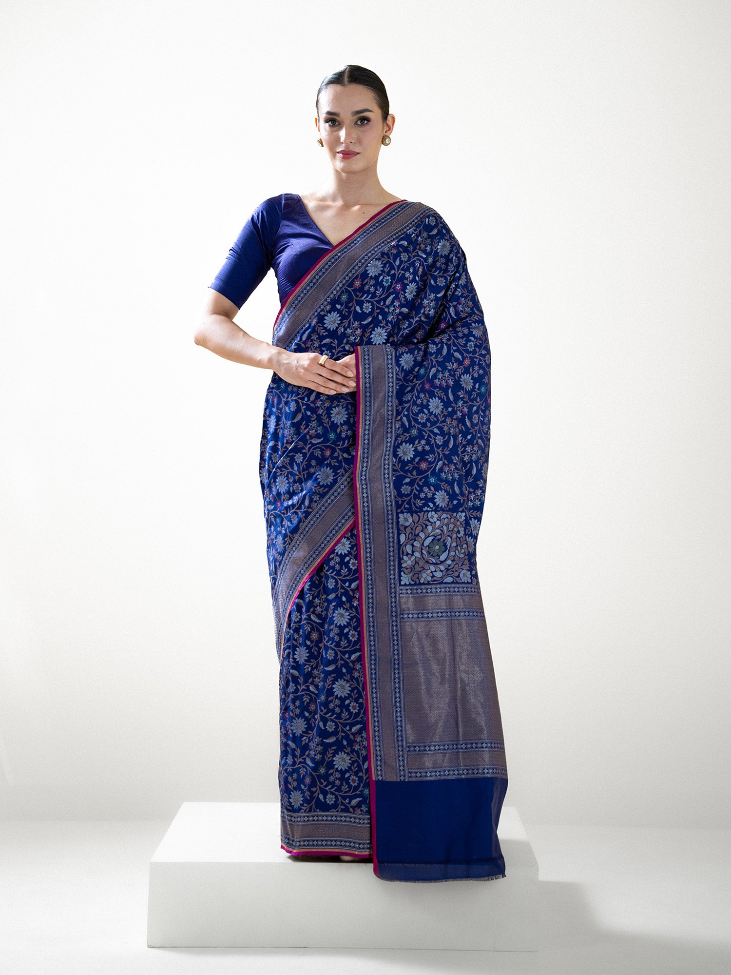 Navy Blue Sona Roopa Jaal Katan Silk Handloom Banarasi Saree - Sacred Weaves
