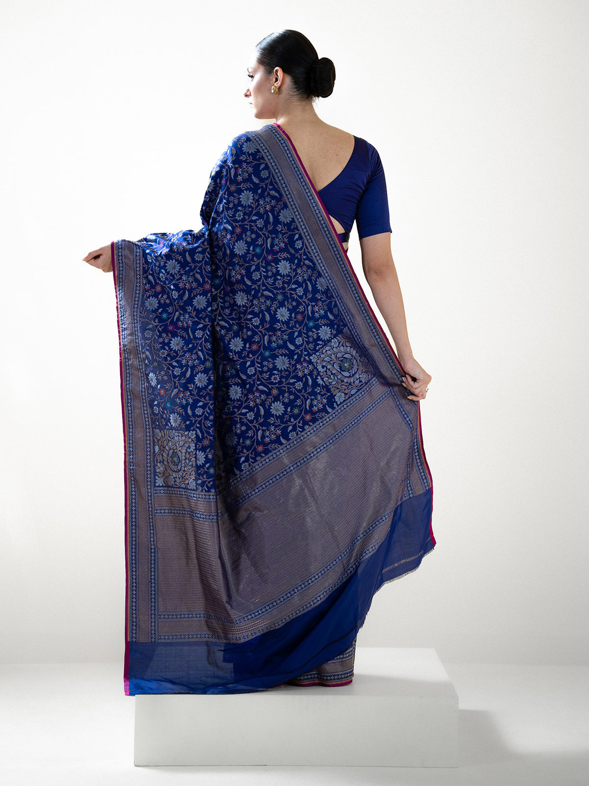 Navy Blue Sona Roopa Jaal Katan Silk Handloom Banarasi Saree - Sacred Weaves