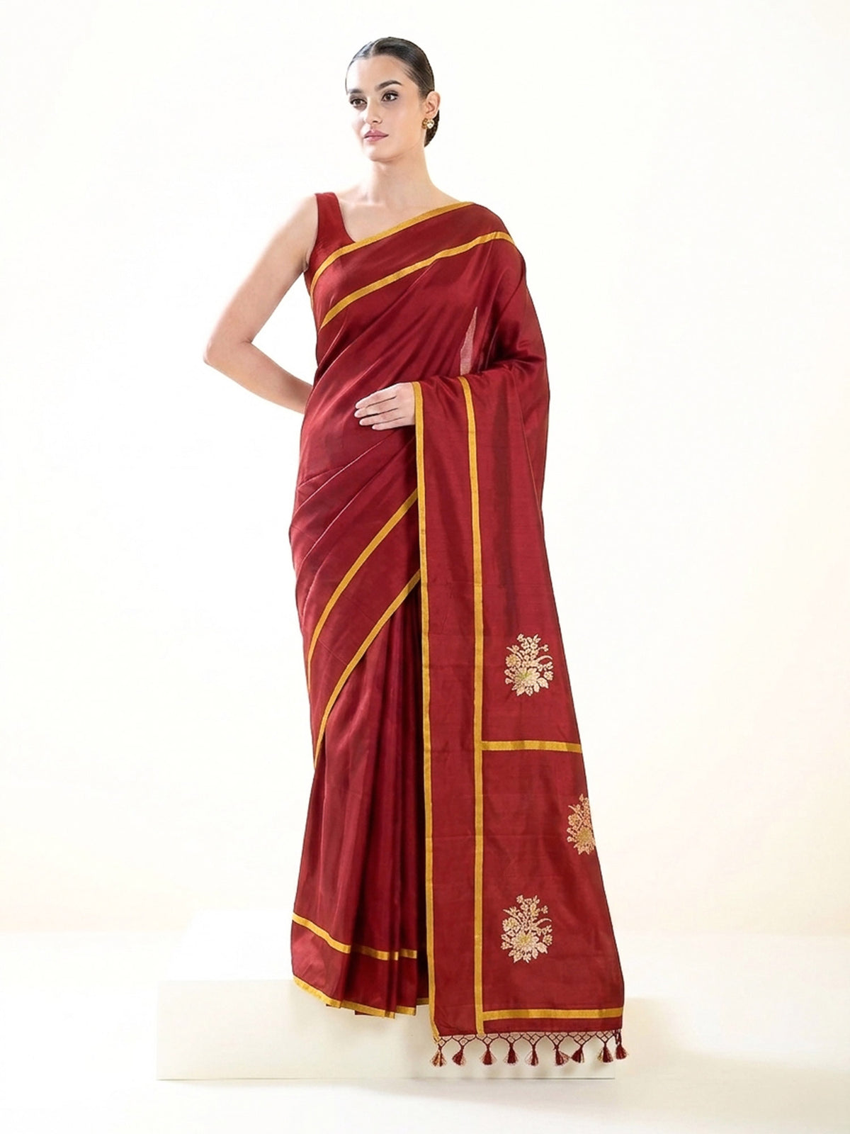 Maroon Plain Meenakari Satin Silk Handloom Banarasi Saree - Sacred Weaves