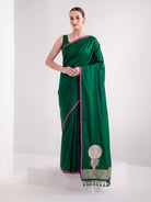 Bottle Green Plain Sona Roopa Satin Silk Handloom Banarasi Saree - Sacred Weaves