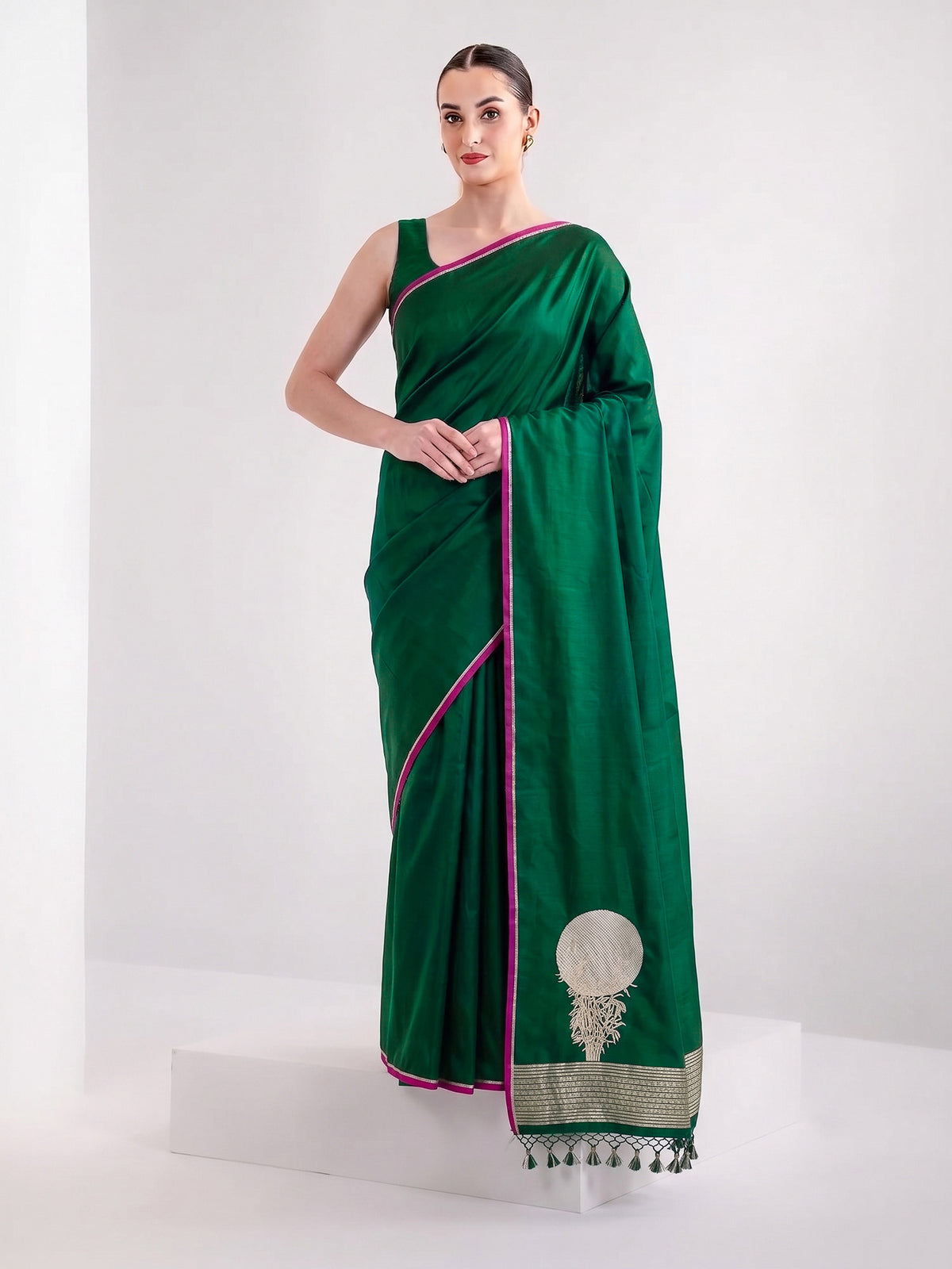 Bottle Green Plain Sona Roopa Satin Silk Handloom Banarasi Saree - Sacred Weaves