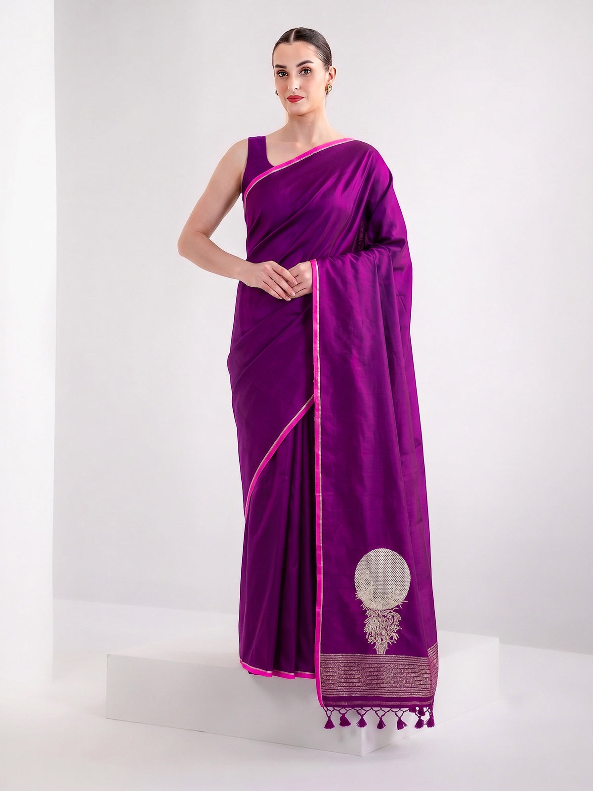 Dark Magenta Plain Sona Roopa Satin Silk Handloom Banarasi Saree - Sacred Weaves