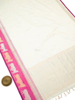 Off White Plain Satin Silk Handloom Banarasi Saree - Sacred Weaves