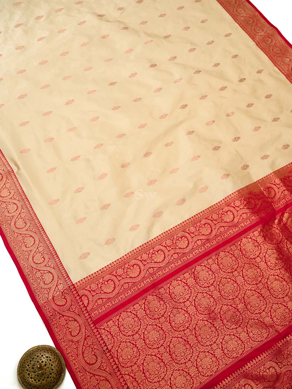 Dark Beige Boota Katan Silk Handloom Banarasi Saree - Sacred Weaves